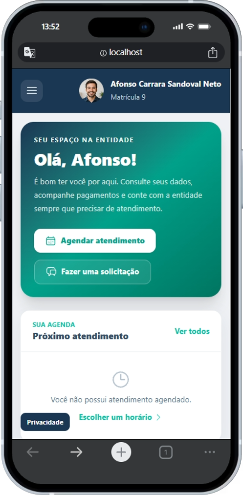 Demonstração do portal do associado no celular